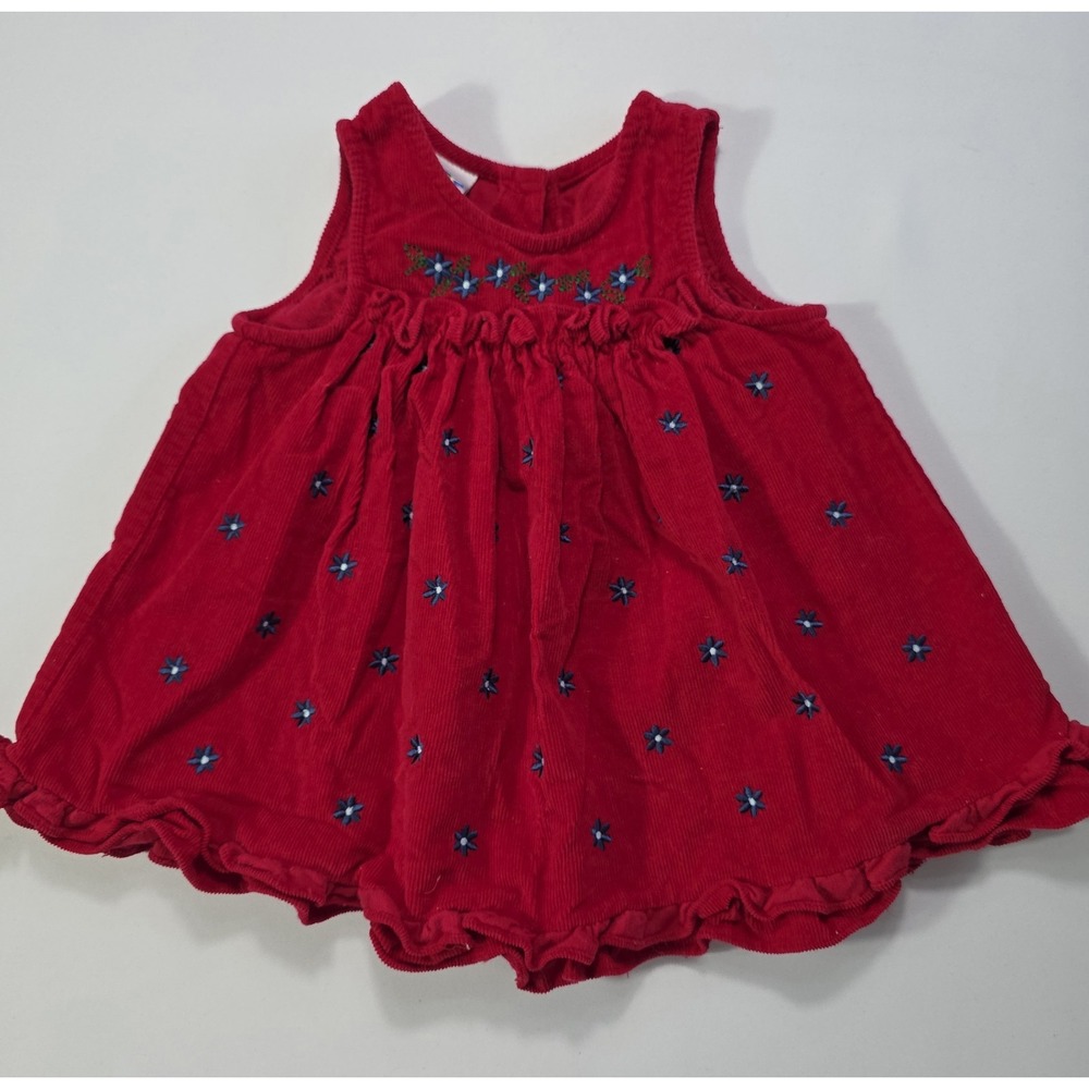Vintage Alexis Baby Girls Red Corduroy Dress Floral Embroidered Size 12M